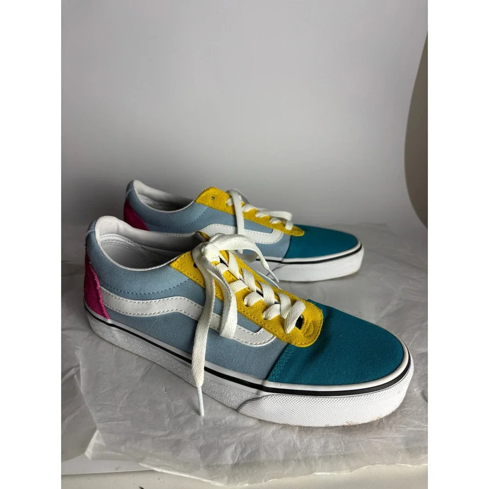 Vans Old Skool Teal Blue Yellow Pink Suede Canvas Sneakers Shoes Size 8.5